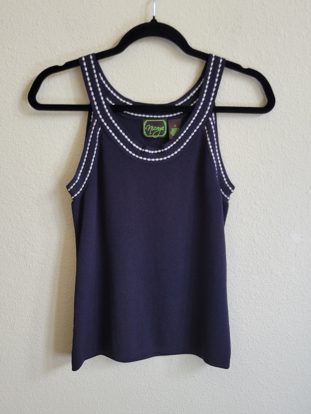 Nicaya Navy Sleeveless Tank Top with Decorative White Stitching Ladies Small.